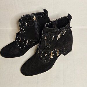 Rebecca Minkoff Logan Black Suede Silver Buckled Punk Stud Booties Size 7. 2.5"